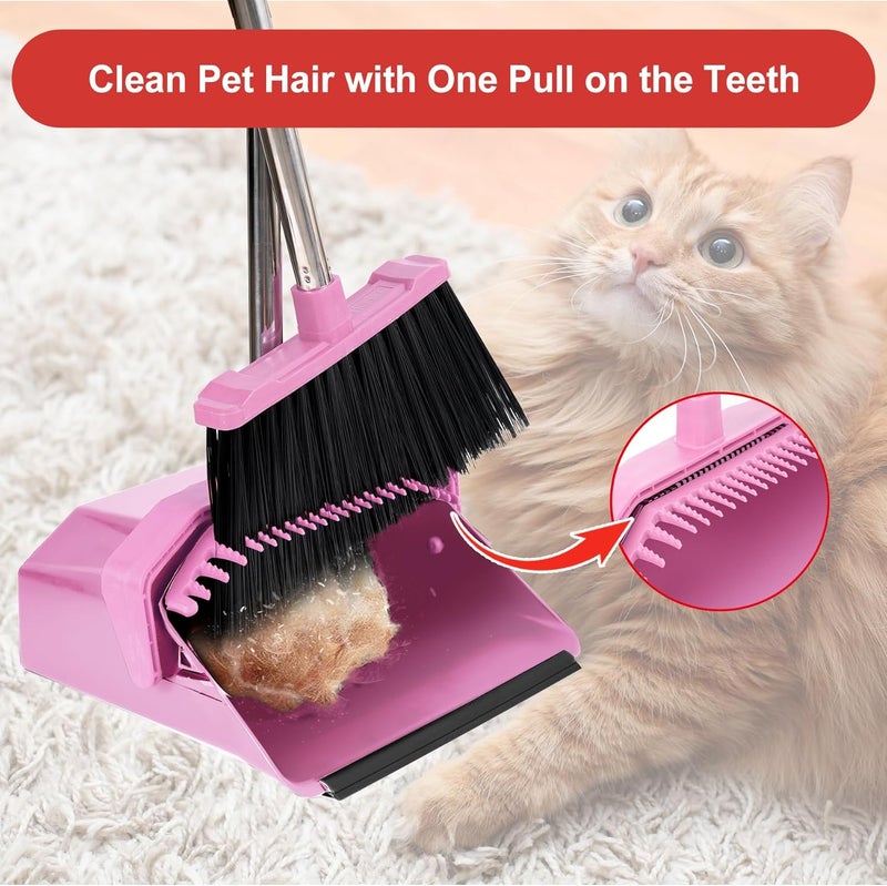 Tiumso Broom with Dustpan Combo Set, 51'' Broom and Dustpan Set, Brooms and Dust Pan with Handle, Brooms with Standing Dustpans, House Broom for Pets Hair and Floor Cleaning - Pink - Image 4
